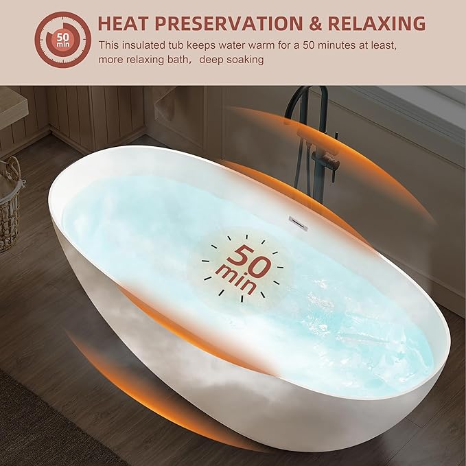 55 inch Freestanding Bathtub, Modern Soaking Stand Alone Bathtubs, Free Standing Acrylic Tub with Center Drain & Overflow, Glossy White
