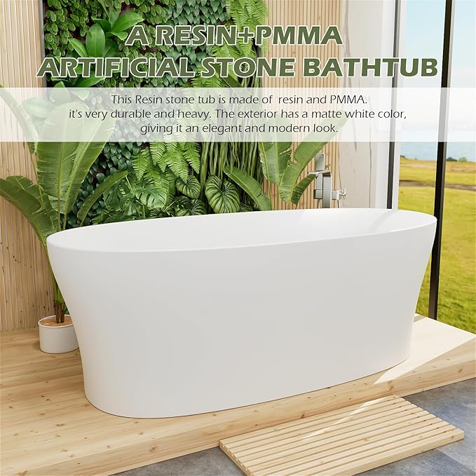 GIVINGTREE 63'' Freestanding Solid Surface Resin Stone Bathtub, Contemporary Design Stand Alone Tub with Pop-up Drain and Overflow, cUPC Certified (PO1072-White)