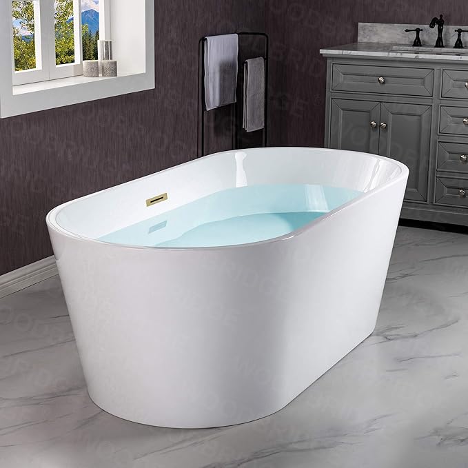 WOODBRIDGE 59" Freestanding White Acrylic Soaking Bathtub with Brushed Gold Drain and Overflow,BTA1514 -BG-Drain &O