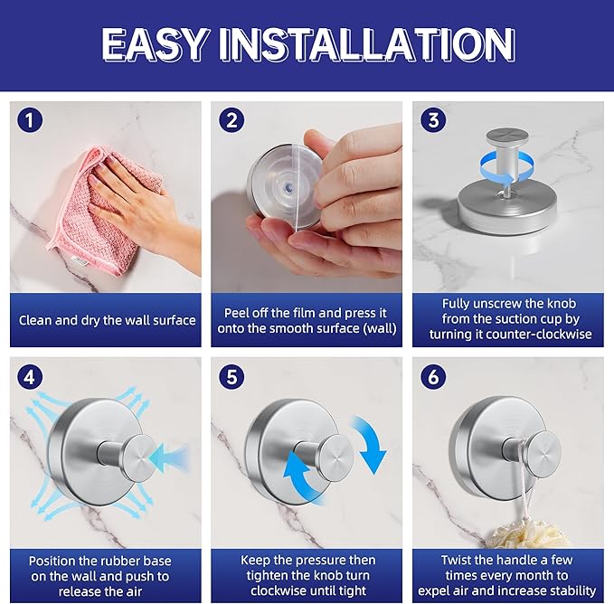 luckin smile Suction Cup Hooks for Shower, No-Drill Removable Towel Hook for Bathrooms, Shower Hooks, Suitable for Bathrooms, Kitchens, Windows, Glass, Powerful Suction Cup Hook (4, Silver)