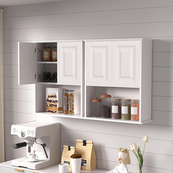 White Bathroom Wall Cabinet,Over The Toilet Storage Cabinet,Bathroom and Laundry Wall Mount Storage Medicine Cabinet with Open and Adjustable Shelf,Easy Assembly (Style B-1 PC, White)