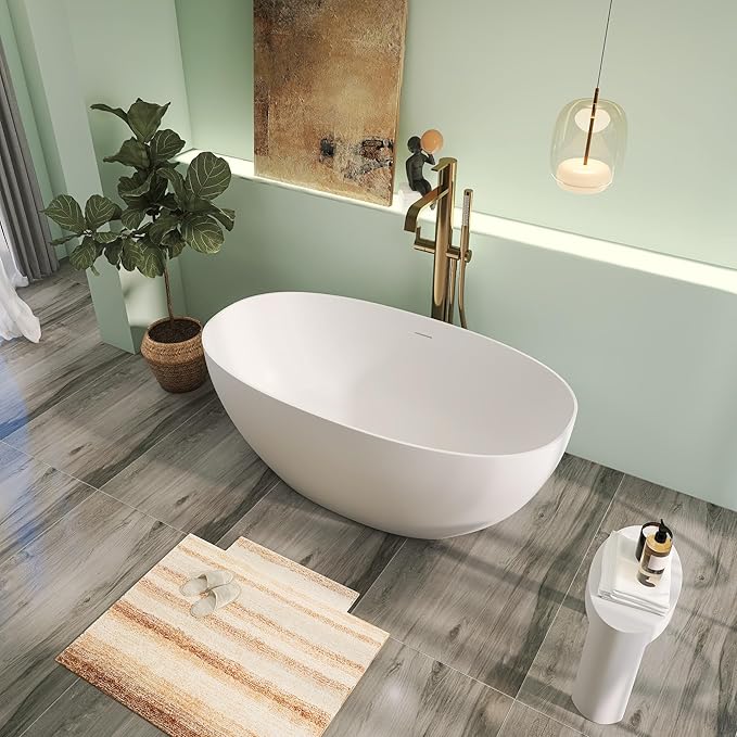 59" Premium Solid Surface Freestanding Bathtubs, Upgraded Matte White Modern Design Stand Alone Stone Resin Tub with Overflow and Pop-up Drain