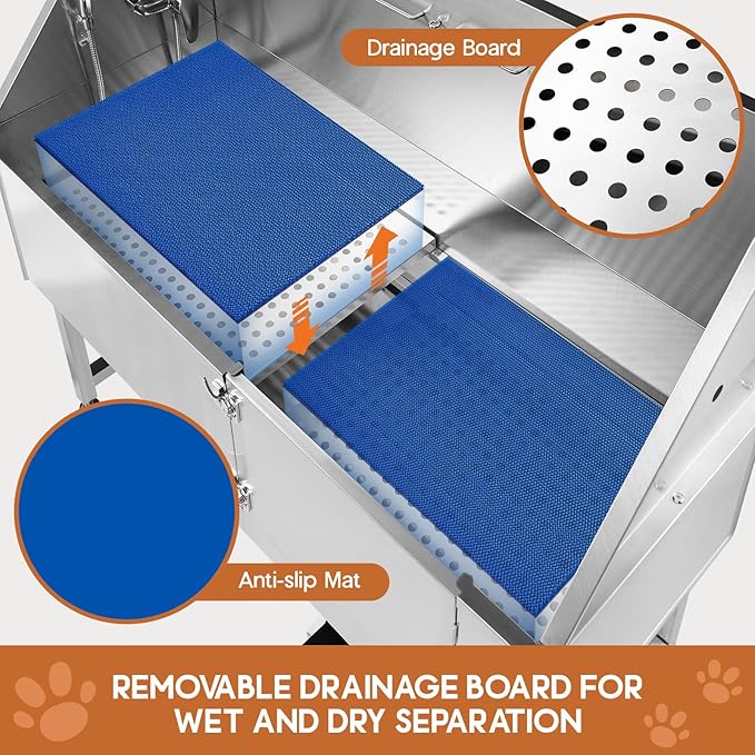 Albott 60 Inch Stainless Steel Dog Washing Station with Anti-Slip Steps, Sprayer, Faucet, Soap Box & Tow Rope – Professional Pet Bathtub for Large Dogs, Great for Home, Garage or Grooming (Left)