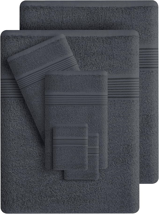 Belizzi Home 100% Cotton Towel Set, Contains 6 Soft Bath Towel, 6 Hand Towel, 12 Wash Cloth - Compact Absorbent Lightweight & Quickdry Towels for Bathroom - 24 Piece Bathroom Towel Set - Charcoal Grey