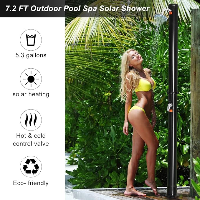 Giantex 7.2Ft 2-Section Solar Heated Shower with Shower Head Outdoor Backyard Poolside Beach Pool Spa for Easy Installation, Black (5.5 Gallon)
