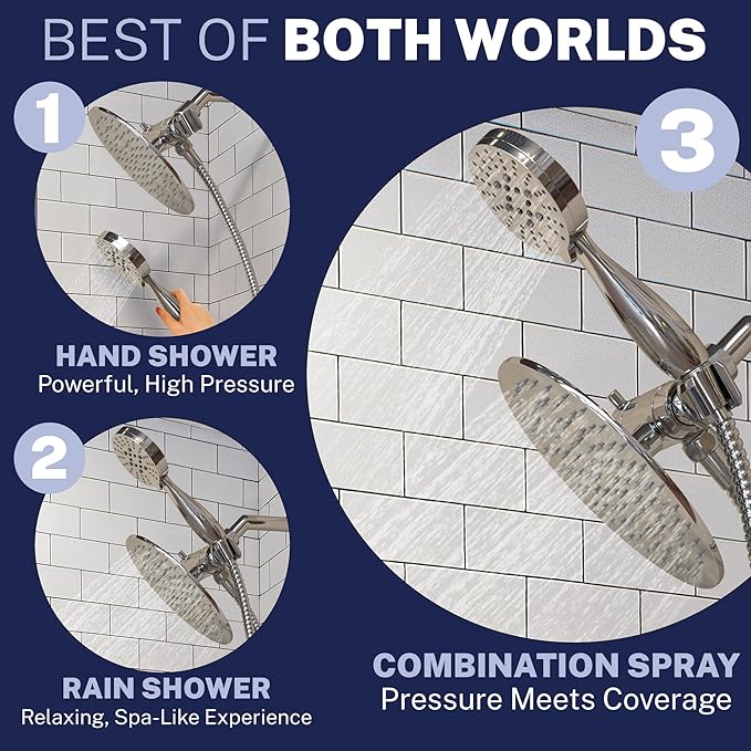 HammerHead Showers Dual Shower Head Combo, 8-Inch Rainfall & 3-Flow Handheld, Chrome, 2.5 GPM