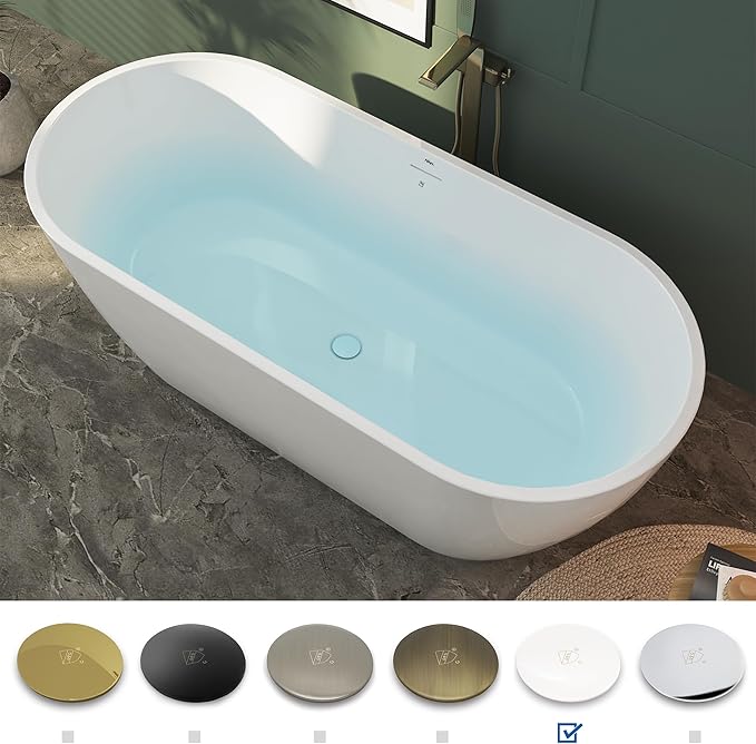 FerdY 67" Bali Elite Acrylic Freestanding Bathtub, Gracefully Shaped Freestanding Soaking Bathtub, cUPC Certified, Toe-Tap Polished White Drain & Minimalist Linear Design Overflow
