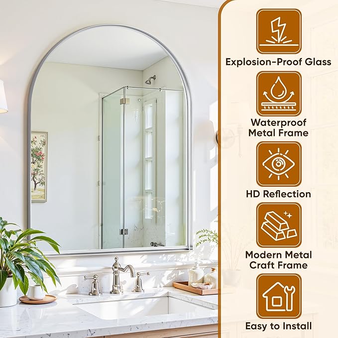 Arched Mirror 22"x30", Bathroom Mirror, Wall Mounted Vanity Mirror with Arch Metal Frame for Bathroom, Over Sink, Bedroom, Living Room, Deep Frame, Silver