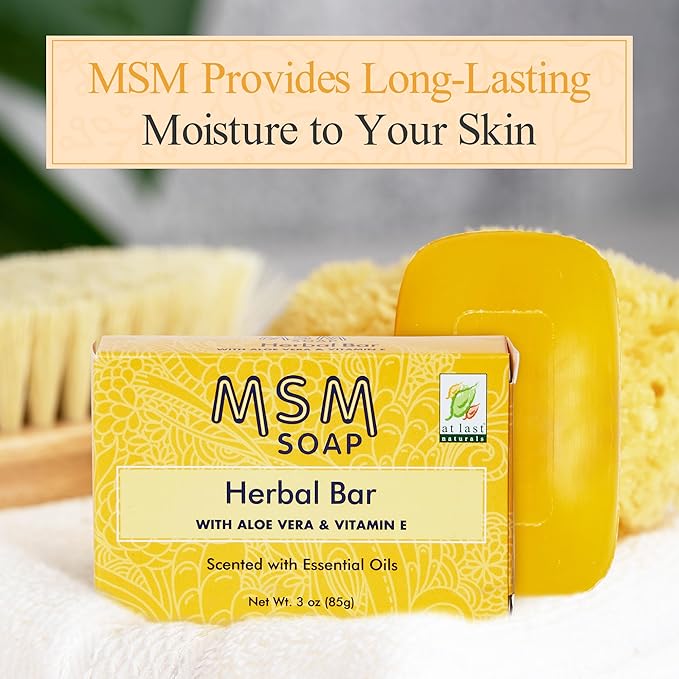 At Last Naturals MSM Soap Bar Body Soap for Men and Women Fine Line Wrinkle Reduction Herbal Moisturizer with Aloe Vera Vitamin E Essential Oils Deep Cleansing for Sensitive Skin 3 Ounce (Pack of 3)