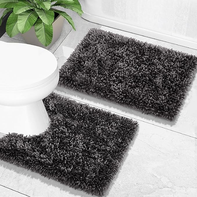 Yimobra Toilet Rugs U Shaped Washable, Extra Thick Soft Absorbent Chenille Contour Bathroom Rugs for Toilet 24x24 Inch, Quick Dry Non Slip Toilet Mat for Bath Floor, Dark Grey