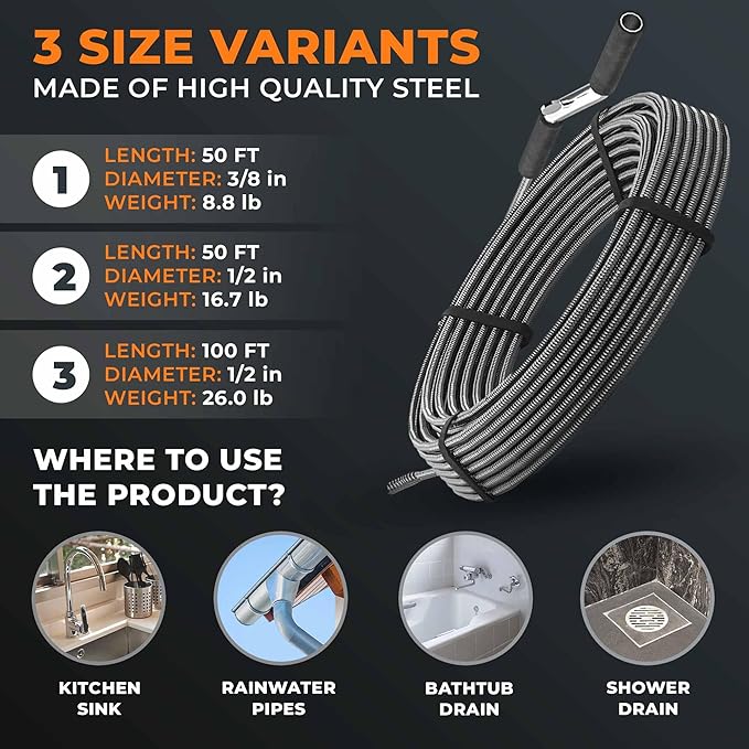 drain snake 3.0 [50 FT] - extremely long - Ideal plumbing snake for heavy & deep blockages - The drain auger for real do-it-yourselfers! (50 FT - 1/2 inch)
