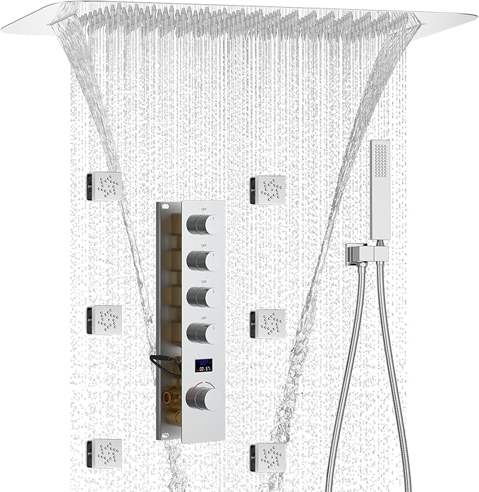 Polished Chrome Digital Display Shower System with 16X24 inch Ceiling Mounted Shower Head(Rain&Waterfall Modes), with Handheld Spray and 6 PCS Dual Modes Body Jet