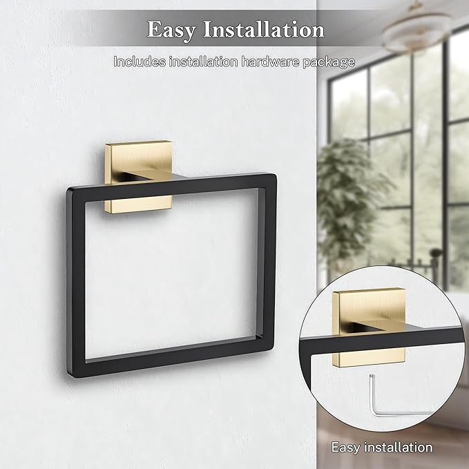2-Piece Black Gold Towel Ring,Hand Towel Holder,Modern Towel Holder Stainless Steel Towel Rack Wall-Mounted Bathroom Towel Ring