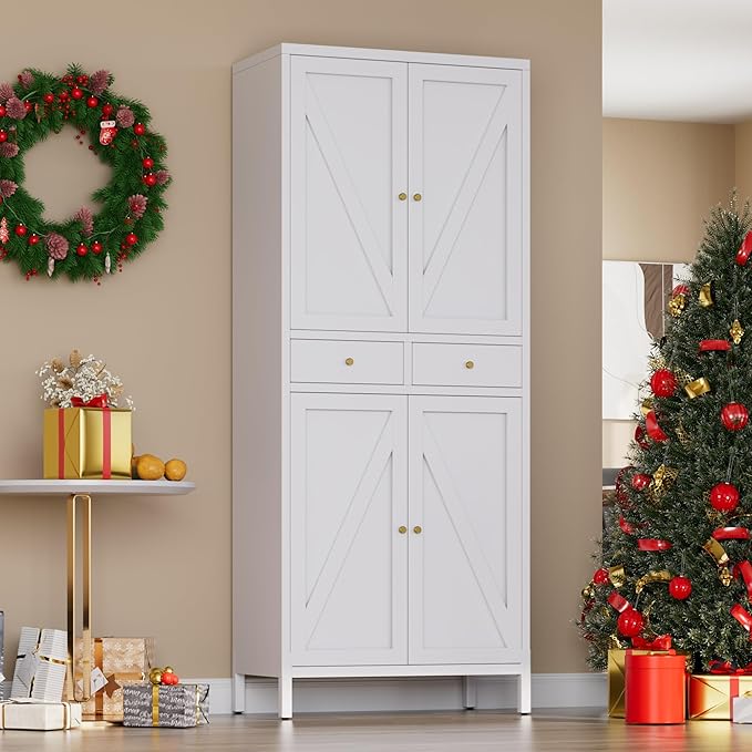 Freestanding Display Storage Cabinet with 4 Doors,Metal Kitchen Pantry Storage Cabinet with Adjustable Shelf for Kitchen Home Office, Assembly Required,White