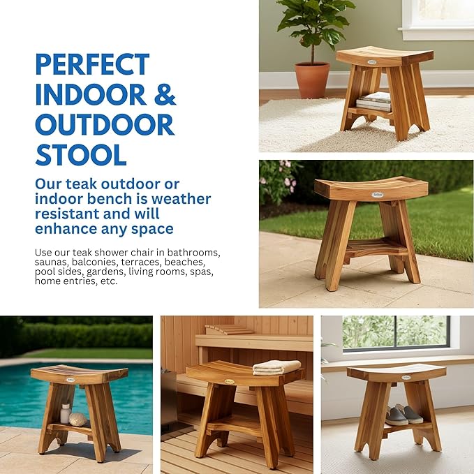 EcoDecors Teak Shower Bench with Shelf 18", 300 lb Capacity – Fully Assembled Waterproof Wood Spa Seating for Adults - Compact Fit for Small Bathrooms & Walk-in Showers - Slip-Resistant Feet