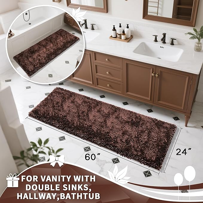 Yimobra Long Bathroom Rugs Runner 60x24 Inch, Extra Thick Soft Absorbent Chenille Bath Mat, Non Slip Machine Washable, Quick Dry Bath Rugs for Bathroom Floor, Tub and Shower, Brown
