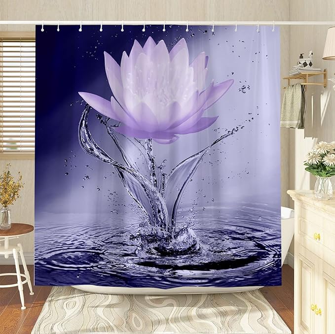 Lotus Shower Curtain Black White Violet Flower Elegant Blooming Floral with Dew Spring Flower Reflection on Water Modern Romantic Polyester Fabric Bathroom Decor 70×70 Inch with Hook