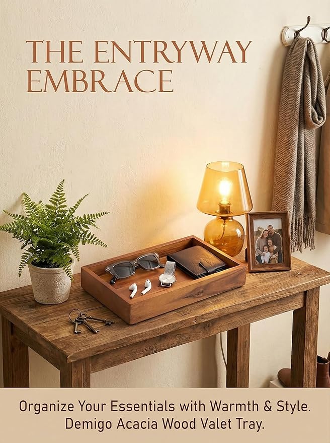 Demigo Acacia Wood Valet Tray & Catchall - 12.2x6 Inch Organizer for Nightstand, Entryway, Dresser - Holds Keys, Wallet, Phone, Jewelry (Brown)