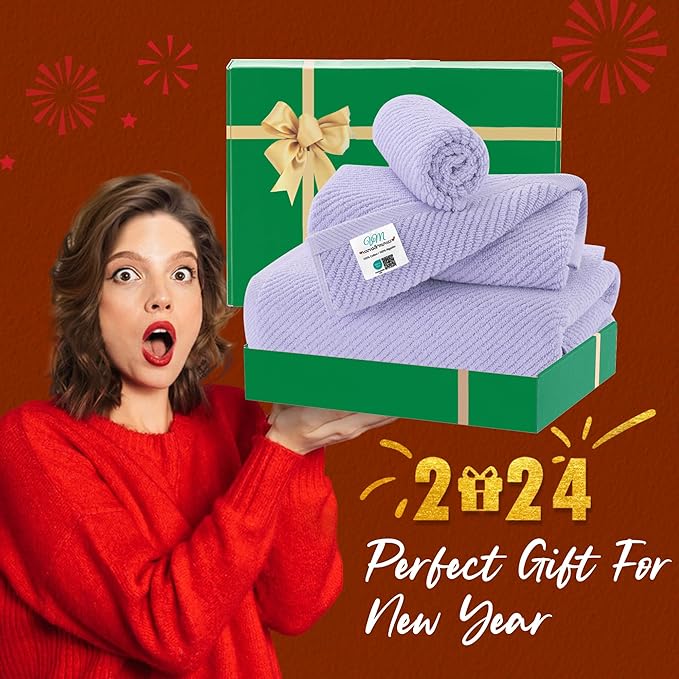 VOOVA & MOVAS Towels for Bathroom, 100% Cotton | Quick Dry | Soft | Thick | Large, 3 Piece Towel Set, 1 Large Bath 30"x56", 1 Hand 18"x28", 1 Wash Cloth 13" x 13", Bathroom Essentials, Lilac | Purple