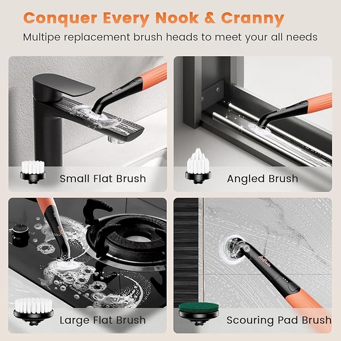Rechargeable Electric Grout Brush, Upgraded Cordless Power Scrubber Kit, Waterproof Cleaning Brush & 6 Replacement Heads for Bathroom, Kithchen, Tub, Grout, Crevice