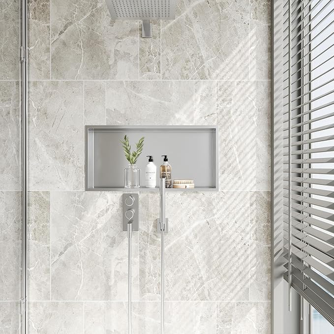Neodrain Recessed Shower Niche Shelf Stainless Bathroom Cabinet Shelf, Inner Size 24" X 12" X 4", Brushed Nickel Wall Niche Bathroom Cubby Storage