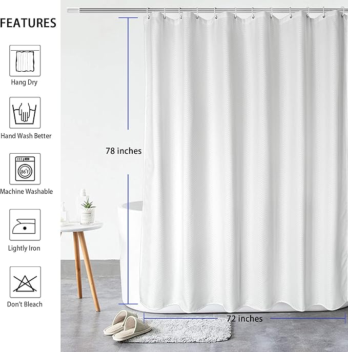 AooHome 72x78 Inch White Shower Curtain, Extra Long Fabric Bathroom Curtain Waffle Weave Design with Hooks, Weighted Hem, Heavy Duty, Water Repellent, 72 Width by 78 Height Inch