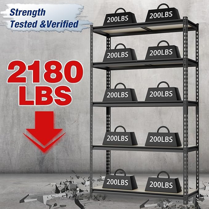 WORKPRO 5-Tier Storage Shelf, 72" H Heavy Duty Adjustable Garage Shelving Unit 2180LBS Capacity, for Basement, Kitchen, Pantry, 27.6”Wx11.8”Dx60”H, Black