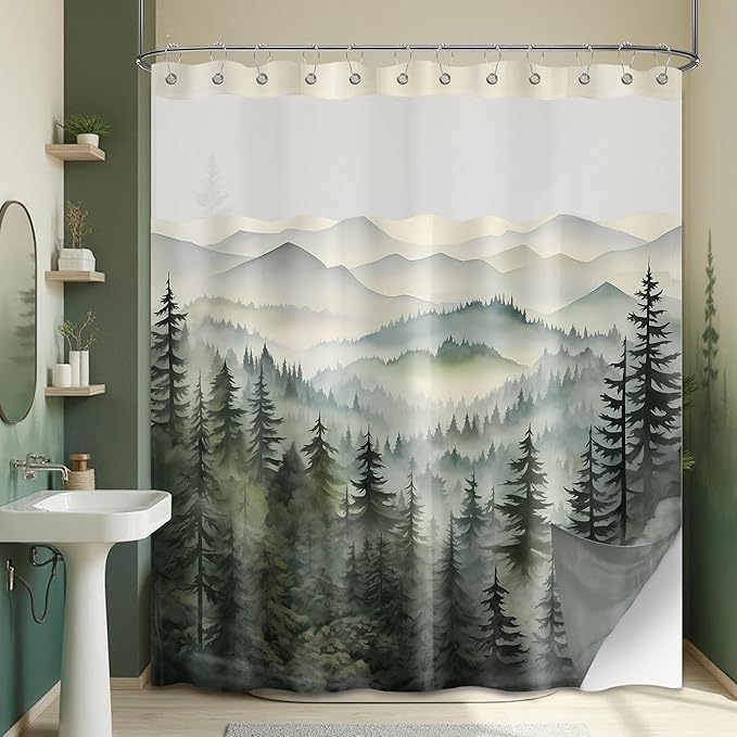 Forest See Through Mesh Top Shower Curtain with Window, Nature Mountain Double Layer Shower Curtains with Snap in Liner with Magnets, Waterproof Cloth Fabric with Hooks, 71" W x 72" L