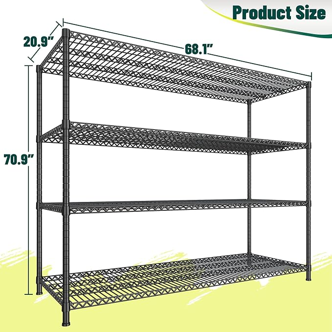 2500 LBS Shelf Storage Shelves 68.1" W Wire Shelving Unit, Garage Shelving Heavy Duty, Adjustable Metal Shelving for Garage, Pantry, Kitchen, Basement, Business 68.1" W x 20.9" D x 70.9" H