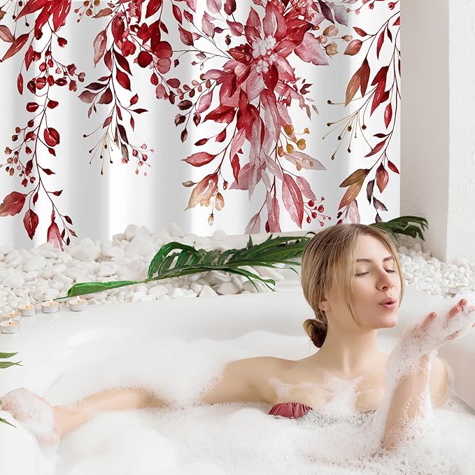 Gibelle Long Shower Curtain 72 x 78, Tall Burgundy Red Floral Shower Curtain for Bathroom, Watercolor Plant Eucalyptus Leaves Fabric Shower Curtain Set