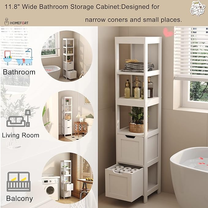 HOMEFORT Bathroom Storage Cabinet, Slim Tall Cabinet, Narrow Floor Cabinet Organizer, Wooden Linen Tower with 2 Drawers and 3 Shelves, Freestanding Cupboard White