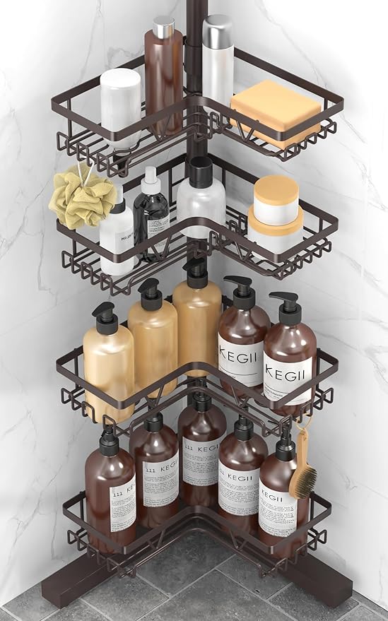 KEGII Floor Corner Shower Caddy Standing, Rustproof 4-Tier Shower Shelf Organizer with Hooks & Soap Holder, Free-Standing Bathroom Storage Rack for Shampoo & Toiletries, Bronze