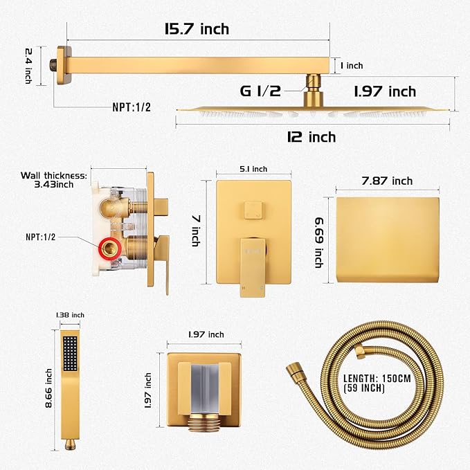 Wall Mounted Shower Faucet Set, Shower System with Tub Spout, 12 Inch Rainfall Shower Head with Handheld Spray, Waterfall Tub Spout Bathtub Faucet, Brushed Gold