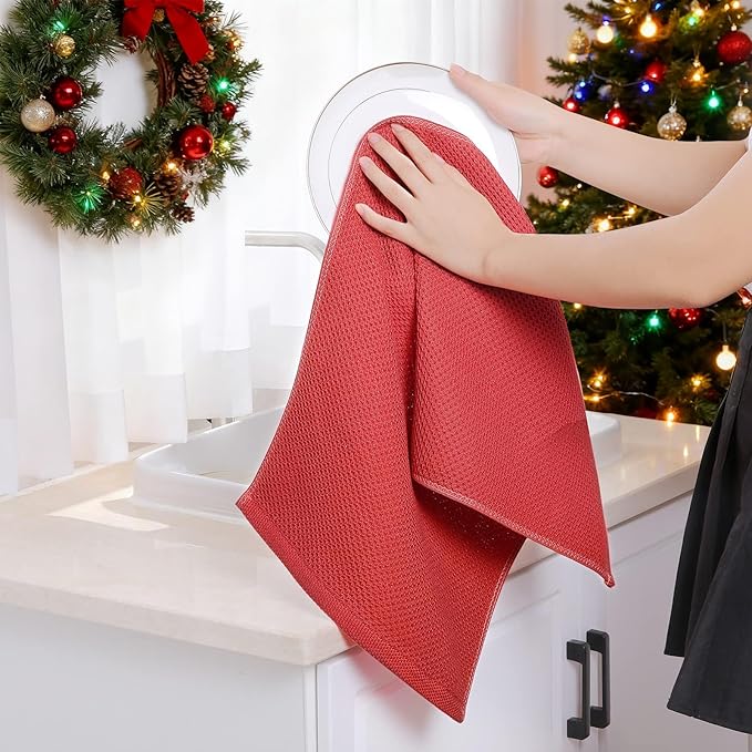Homaxy 100% Cotton Waffle Weave Kitchen Dish Towels, Ultra Soft Absorbent Quick Drying Cleaning Towel, 13 x 28 Inches, 4-Pack, Brick Red