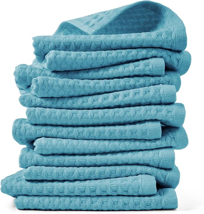 Cleanbear Lake Blue Waffle Washcloths 12 Pack, 13 x 13 Inches, Lightweight and Quick-Dry Face Towels, Soft and Absorbent, Ideal for Bathroom