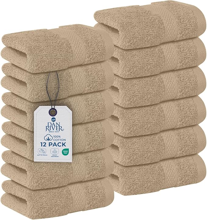 DAN RIVER 12-Pack Premium 100% Cotton TAN Face Towels – Reusable Face Towel Set, Soft & Absorbent wash Cloths for Body – Hand and Face Towels, 550 GSM (12x12 in)