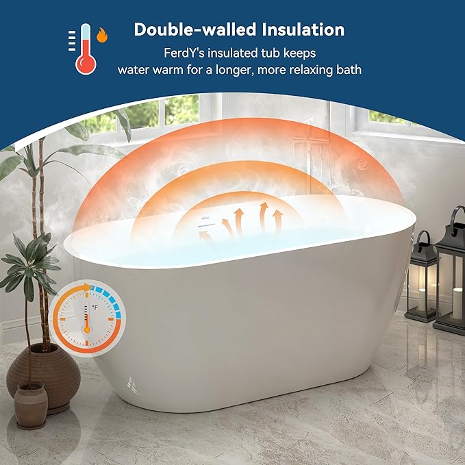 FerdY 59" Bali Acrylic Freestanding Bathtub, Gracefully Shaped Freestanding Soaking Bathtub, cUPC Certified, Toe-Tap Polished Gold Drain and Minimalist Linear Design Overflow Included