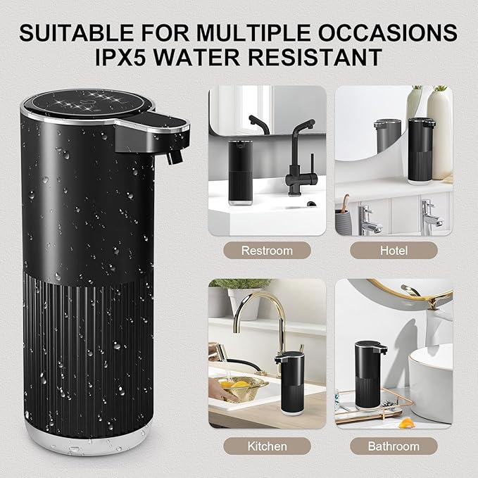GuDoQi Automatic Touchless Foaming Soap Dispenser, 4-Level Adjustable Foam, USB Rechargeable Hand Soap Dispenser for Bathroom, Kitchen Countertops, 12.2oz/360mL, Black