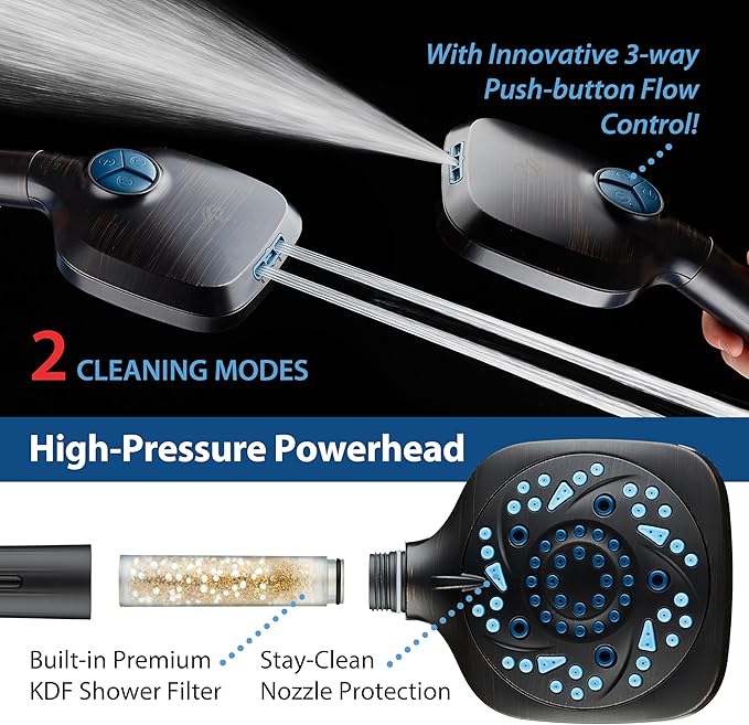 6-way High Pressure 82 Spray Mode Filtered Showerhead Combo - Handheld Shower Head Filters Chlorine to Heal Dry Skin, Revive Hair - Dual Power Wash Cleans Tub, Tile, Pets - Hard Water Softener, ORB