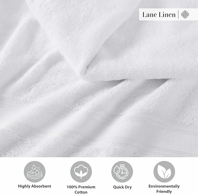 LANE LINEN 100% Mercerized Cotton Bath Towels Set of 12 – Zero Twist, 4 Bath, 4 Hand Towel & 4 Washcloths, Soft, Ideal for Spa Hotel & Home, Durable After Multiple Washes – White Towels