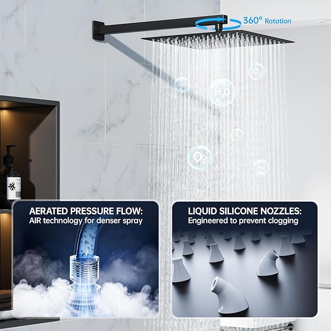 16 Inch Luxury Rain Shower Faucet Set, Matte Black Shower System with Rainfall Shower Head and Handheld Spray, SUS304 Stainless Steel and Solid Brass Wall Mounted Shower Valve Trim Kit
