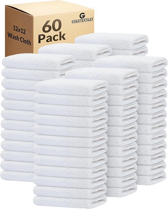 GOLD TEXTILES 60 Pack Economy White Washcloths Set (12x12 inches) - Cotton Blend Commercial Grade Cleaning Rags, Quick Drying & Soft Face Cloths, Fingertip Towels for Bathroom, Spa, Gym, and Kitchen