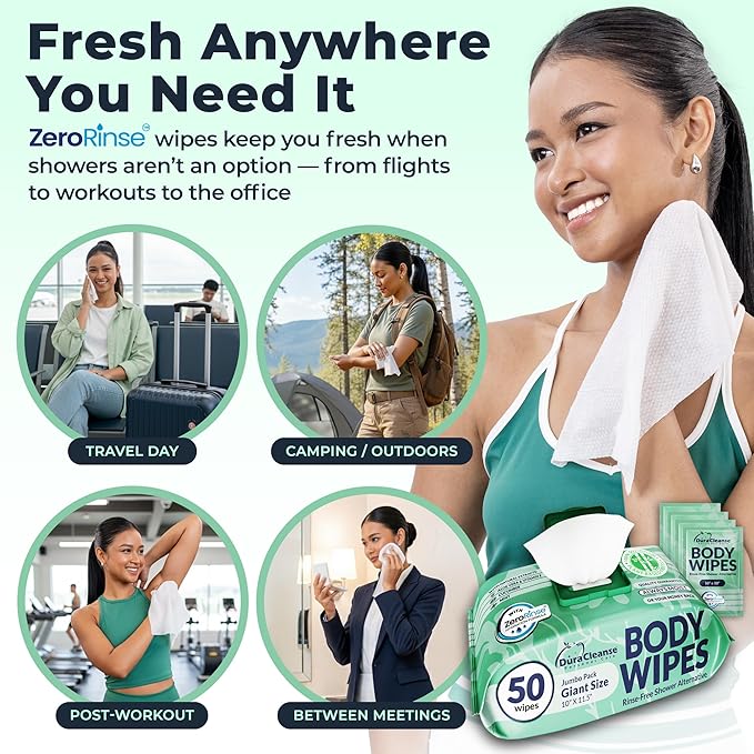 Body Wipes for Women, Extra Moist No Rinse Bathing – 50 XL Shower Cloths + 4 Travel Bath Sheets, 10" x 11.5" Disposable Washcloths for Women’s Hygiene and Post Workout Cleanup