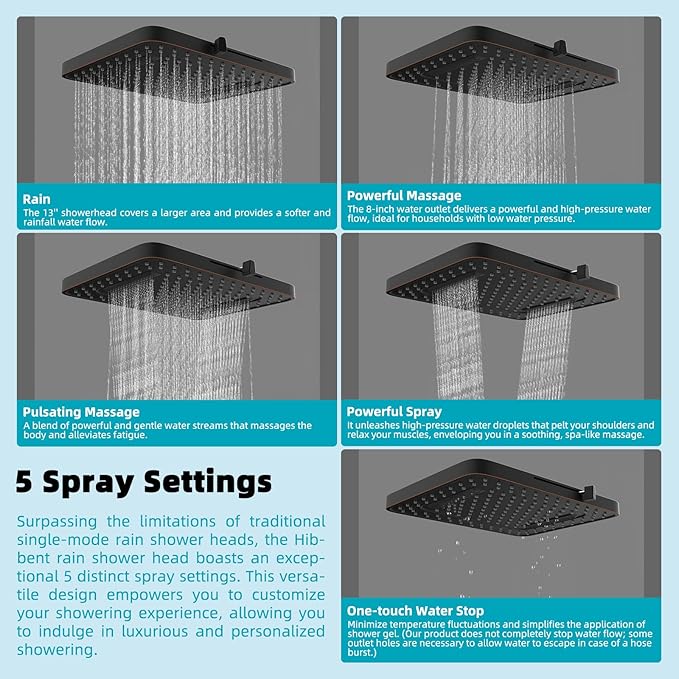 Hibbent Rain Filtered Shower Head, 13'' High Pressure Rainfall 5 Modes Showerhead with 16" Shower Head Extension Arm, Brass Adjustable Shower Arm Extender, 20 Stage Shower Filter, Oil Rubbed Bronze