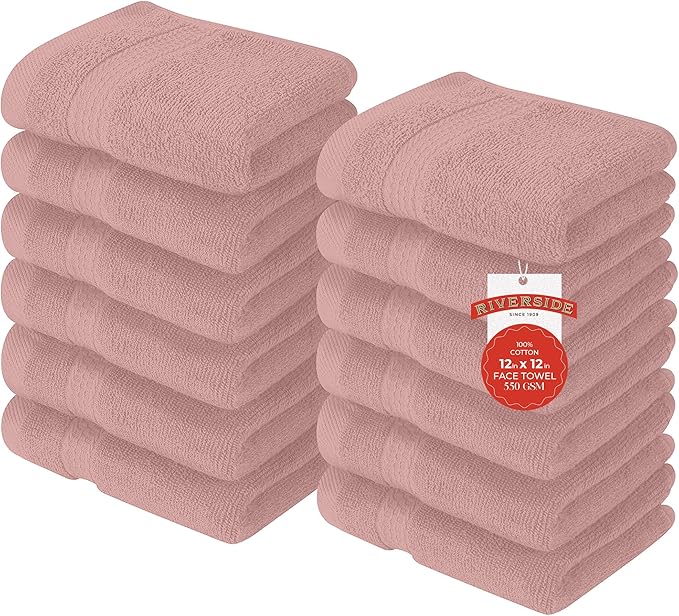 RIVERSIDE 12 Pack Premium 100% Cotton Face Washcloths, 550 GSM, 12 x 12 Inches, Soft, Absorbent Towels for Body & Shower, Bathroom Wash Clothes, Durable Face Towels Set for Spa, Gym, Dusty Rose