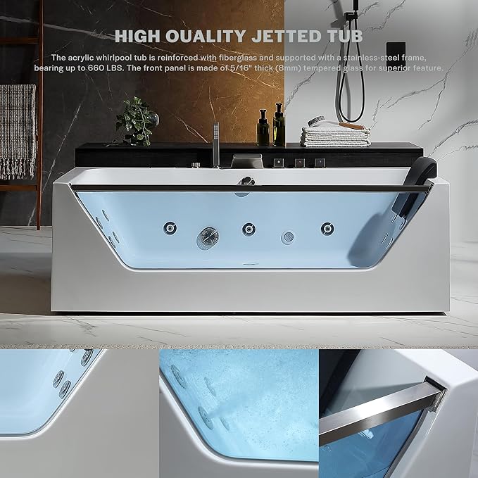 Empava Acrylic Whirlpool Bathtub, 71-Inch Jetted Bathtub with Heater, 10 Jets Hydromassage with Chromatherapy, 3-Side Apron with LED Control Panel, Waterfall, Brushed Nickel Hardware and Nozzle