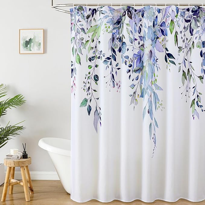 Colorful Star Green Eucalyptus Waterproof Shower Curtain Set with Hooks, Minimalist Watercolor Floral Print Bathroom Décor, Plant Leaves Washable Fabric Shower Curtain, 72 x 84 Inch