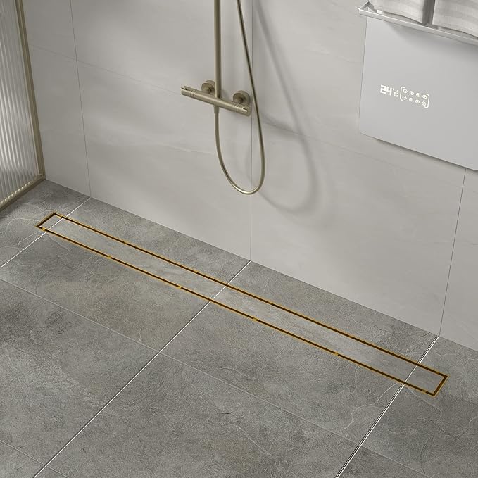 Linear Shower Drain 42", Brushed Floor Drain with Tiled Insert Grate & Hair Strainer, 304 Stainless Steel Bathroom 2-in-1 Tiled in Drain, CUPC Certified (Brushed Gold, 42'')