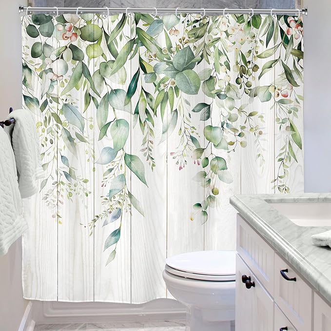 Riyidecor Sage Green Eucalyptus Leaves Shower Curtain for Bathroom Decor 72Wx72H Wooden Rustic Leaf Plants Botanical Spring Floral Art Printed Fabric Polyester Waterproof 12 Pack Plastic