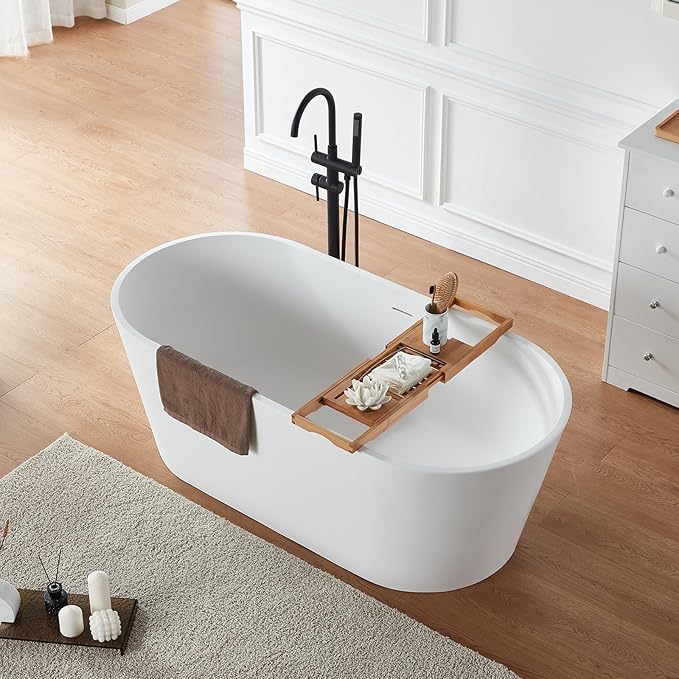 Cpingao 63" Stone Resin Freestanding Bathtub, Modern Oval Solid Surface Soaking Stand Alone Tub, Matte White, Drain & Overflow Included 8816-1600
